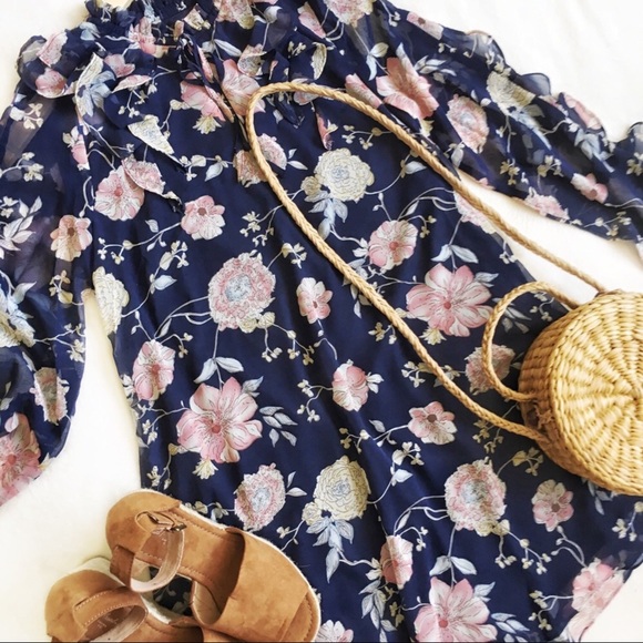 Love Riche Navy Blue Floral Ruffle Sleeves Chiffon Lined Dress NWT - Picture 5 of 10